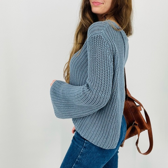 roxy sky blue boho beachy open back knit sweater flowy sleeve size s - Picture 7 of 8